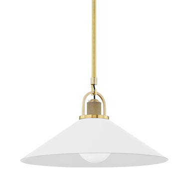 A modern pendant light with a matte-textured aluminum shade and a gold-colored ceiling mount.